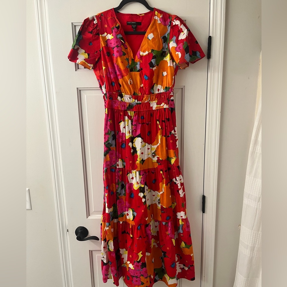 Maggy London Floral Print Poplin Short Sleeve Midi Dress